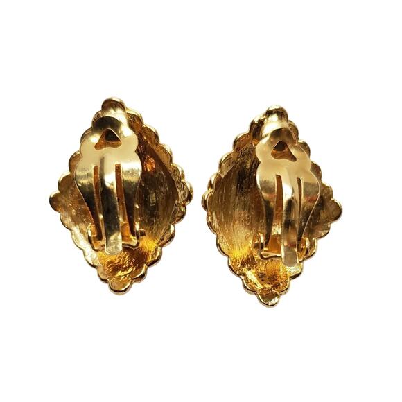 Blue Harlequin Clip On Earrings Rhinestone Enamel Gold Tone Diamond Shape 1980s - Picture 3 of 6